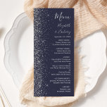 Modern Dark Blue Silver Glitter Edge Wedding Menükarte<br><div class="desc">The left-hand edge of this elegant modern wedding menu features a silver faux glitter design. The customizable text combines silver gray handwriting,  copperplate and italic fonts on a dark navy blue background. The reverse side features a matching dark blue and silver glitter design.</div>
