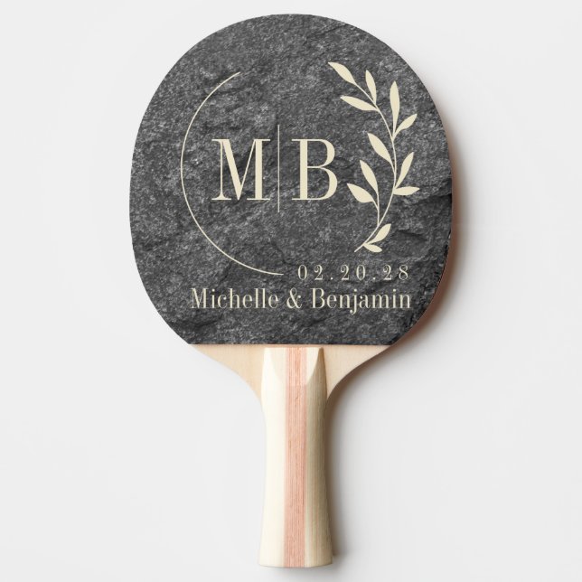 Modern Dark Granite Stone Leaf Wedding Monogram Tischtennis Schläger (Vorderseite)
