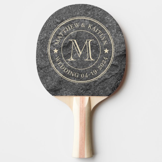 Modern Dark Granite Stone Wedding Monogram Star Tischtennis Schläger (Vorderseite)