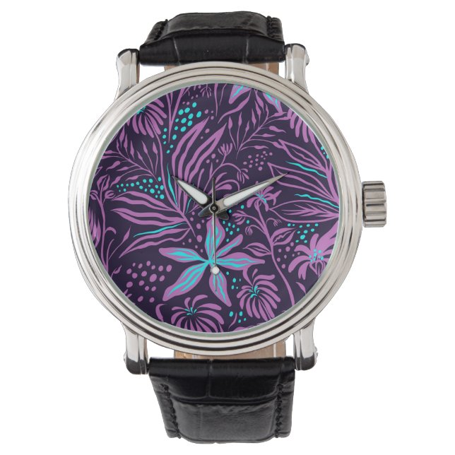 Modern Dark Purple Floral Pattern Armbanduhr (Vorderseite)
