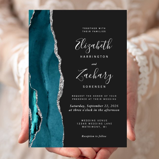 Modern Dark Teal Silver Agate Wedding Folieneinladung (Von Creator hochgeladen)