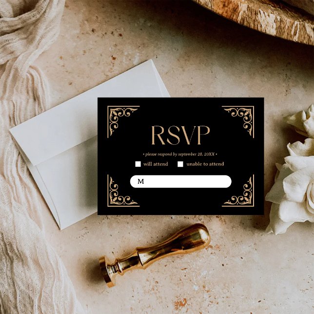 Modern Deco | Elegant Black and Gold Wedding RSVP Karte (Von Creator hochgeladen)