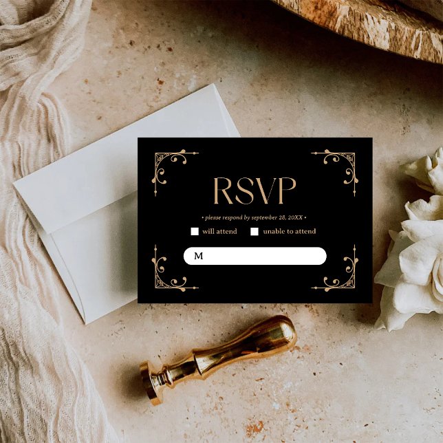Modern Deco | Elegant Black and Gold Wedding RSVP Karte (Von Creator hochgeladen)