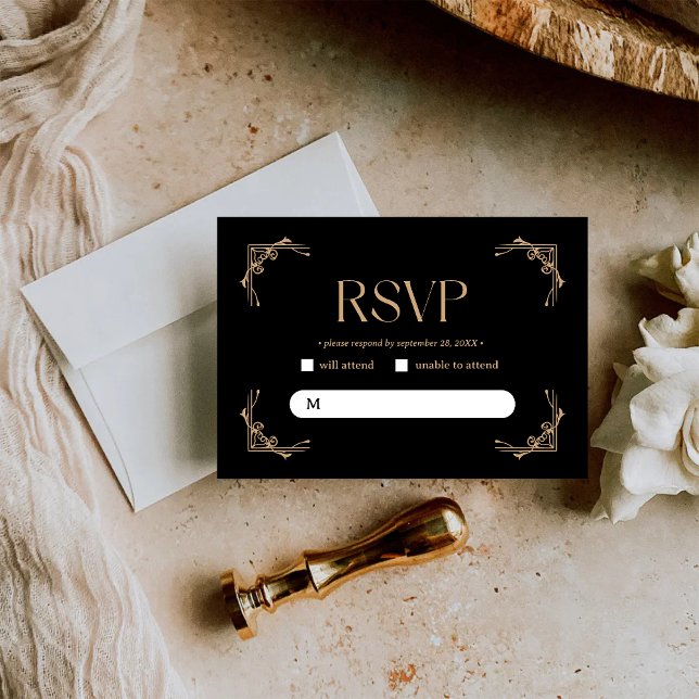 Modern Deco | Elegant Black and Gold Wedding RSVP Karte (Von Creator hochgeladen)