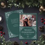 Modern Deco | Elegant Green with Photo Feiertagskarte<br><div class="desc">These elegant Christmas photo cards feature a modern spin on classic art deco. An ornate, white geometric frame and ornamentation decorate a green background with your favorite personal photo for a dramatic, vintage 1920's style holiday look. Classic typography says "Merry Christmas." There is room for your personal message on the...</div>
