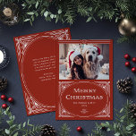 Modern Deco | Elegant Red with Photo Feiertagskarte<br><div class="desc">These elegant Christmas photo cards feature a modern spin on classic art deco. An ornate, white geometric frame and ornamentation decorate a red background with your favorite personal photo for a dramatic, vintage 1920's style holiday look. Classic typography says "Merry Christmas." There is room for your personal message on the...</div>