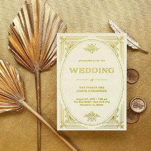 Modern Deco Elegante Hochzeit Elfenbein und Gold Folieneinladung