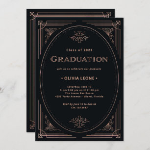 Modern Deco Faux Rose Gold and Black Graduation Einladung