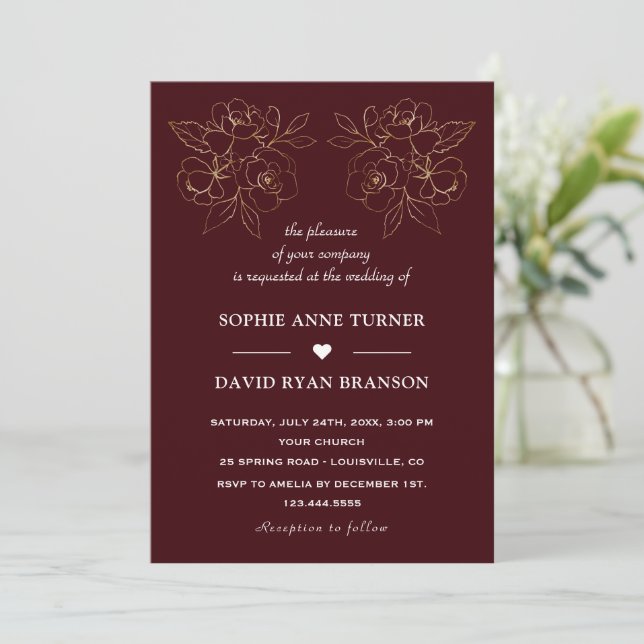 Modern Deep Burgundy Gold Line Art Flowers Wedding Einladung (Stehend Vorderseite)