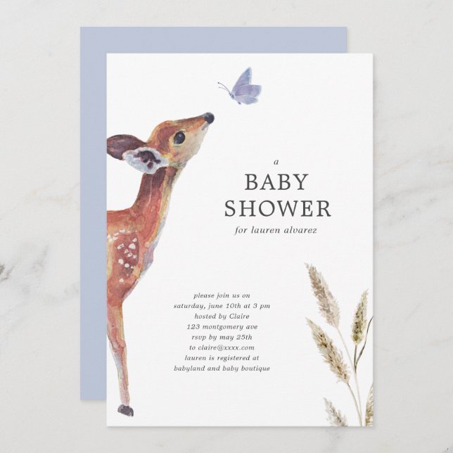 Modern Deer Blue Boy Baby Shower Einladung (Vorne/Hinten)