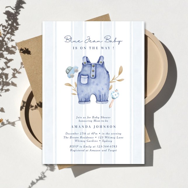 Modern Denim Blue Jean Stripes Baby Shower  Einladung (Von Creator hochgeladen)
