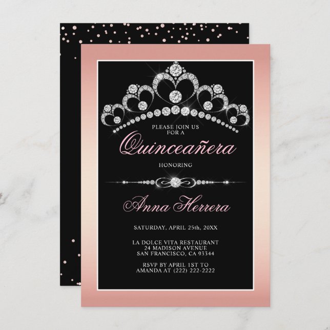 Modern Diamond Tiara Black Pink QUINCEAÑERA Einladung (Vorne/Hinten)