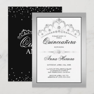 Modern Diamond Tiara Schwarz-weiß QUINCEAÑERA Einladung