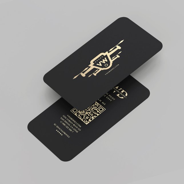 Modern Drone Operator Black Gold Monogram Visitenkarte (Modern Drone Pilot Black Gold Monogram Professional Drone Flying Service Business Card
)
