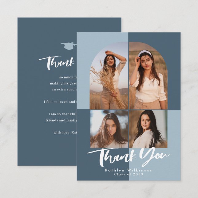 Modern Dusty Blue Arch 4 Foto Abschluss Dankeskarte (Vorne/Hinten)