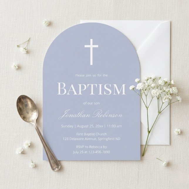 Modern Dusty Blue Arch Christening Baptism Einladung (Von Creator hochgeladen)