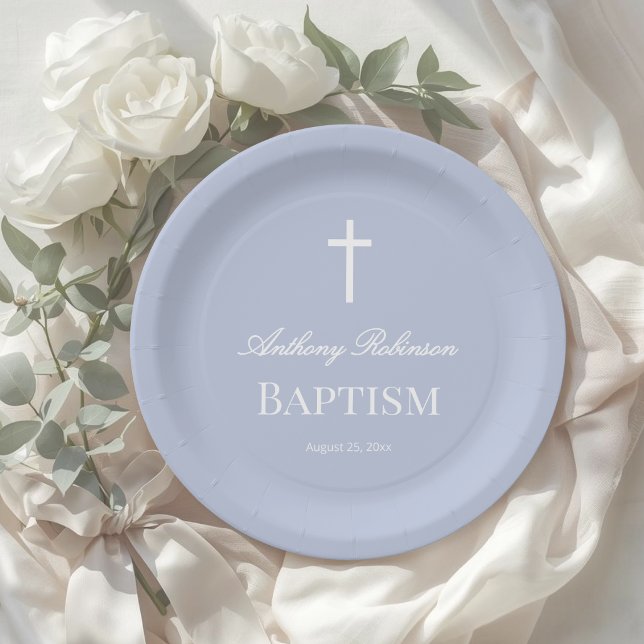 Modern Dusty Blue Baptism Paper Plate Pappteller (Von Creator hochgeladen)