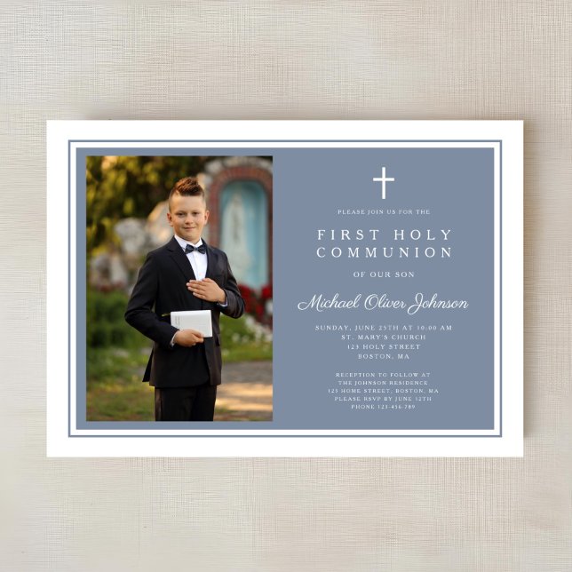 Modern Dusty Blue Boy Photo First Communion Einladung (Modern Dusty Blue Boy Photo First Communion Invitation)