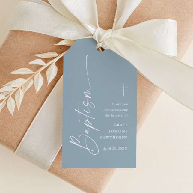 Modern Dusty Blue Boys Taufe Vielen Dank für Ihre  Geschenkanhänger (Modern script dusty blue boys baptism thank you favor tag with elegant script and simple type.)