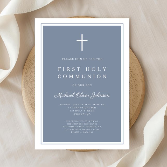 Modern Dusty Blue Cross Boy Erste Heilige Kommune Einladung (Modern Dusty Blue Cross Boy First Holy Communion Invitation)