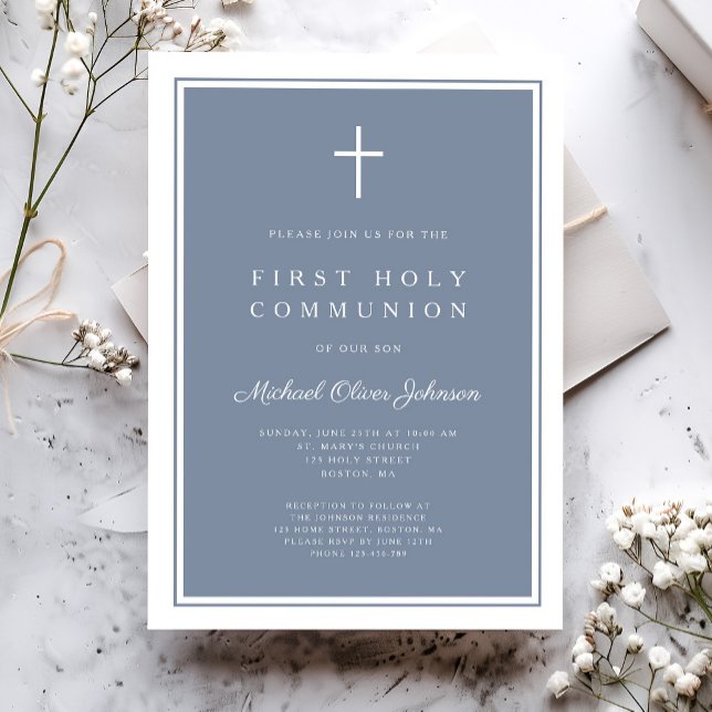 Modern Dusty Blue Cross Boy Erste Heilige Kommune Einladung (Modern Dusty Blue Cross Boy First Holy Communion Invitation)