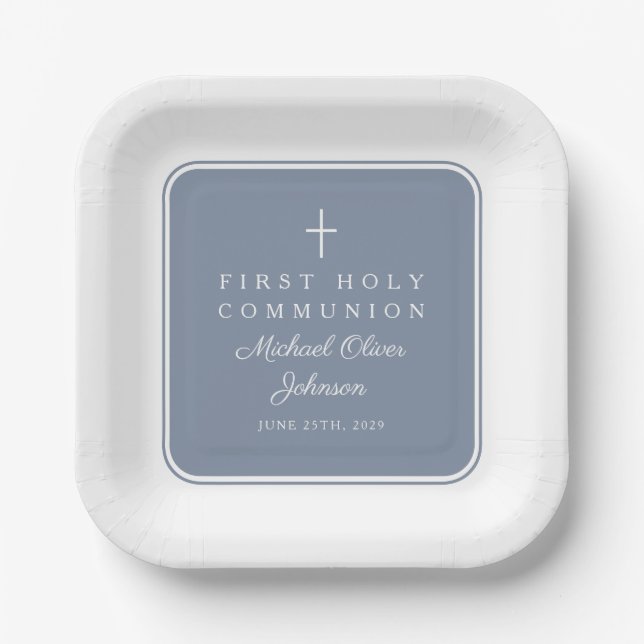 Modern Dusty Blue Cross Boy First Communion Pappteller (Vorderseite)