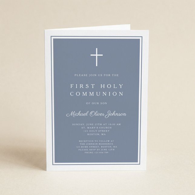 Modern Dusty Blue Cross Boy First Holy Communion Einladung (Von Creator hochgeladen)