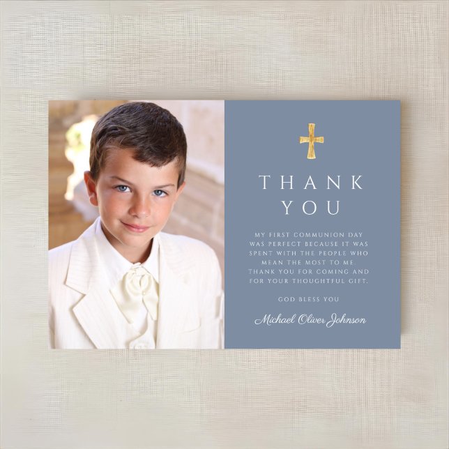 Modern Dusty Blue Cross Boy Foto Erste Kommune Dankeskarte (Modern Dusty Blue Cross Boy Photo First Communion Thank You Card)