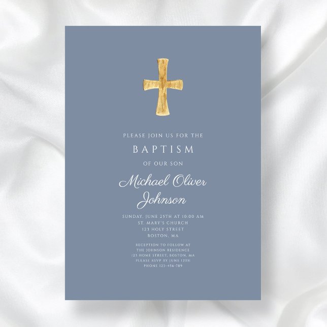 Modern Dusty Blue Cross Boy Taufe Einladung (Modern Dusty Blue Cross Boy Baptism Invitation)