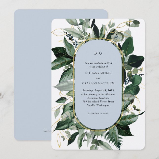 Modern Dusty Blue Elegante Hochzeit im botanischen Einladung (Vorne/Hinten)