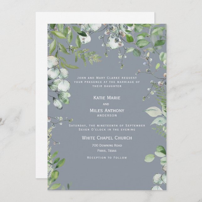 Modern Dusty Blue Eucalyptus Wedding Einladung (Vorne/Hinten)