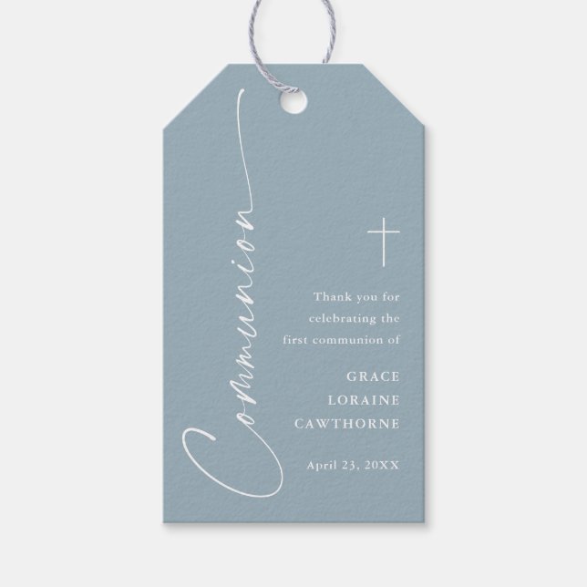 Modern Dusty Blue First Communation Vielen Dank fü Geschenkanhänger (Vorderseite)