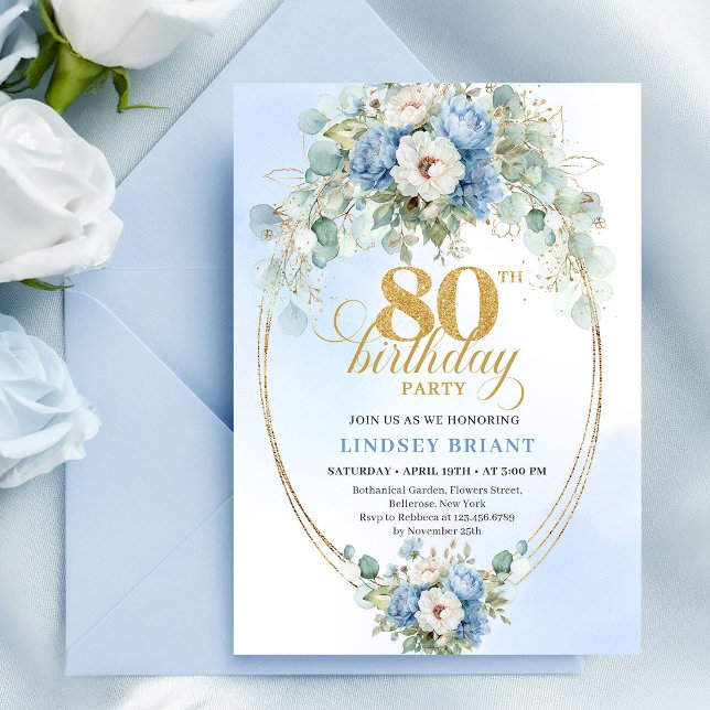 Modern Dusty Blue Floral Gold 80th Birthday Invite Einladung (Modern Dusty Blue Floral Gold 80th Birthday Invite)