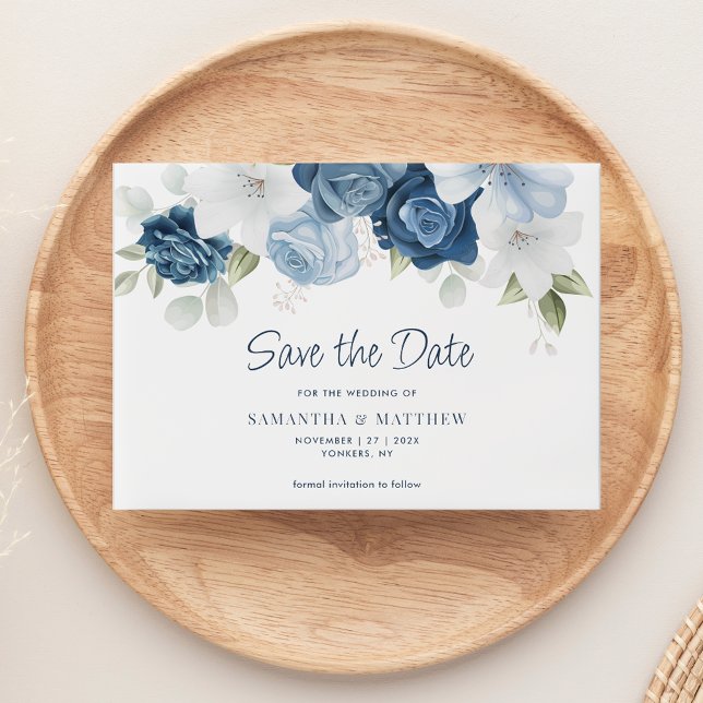 Modern Dusty Blue Floral Save the Date (Dusty Blue Floral Wedding Save the Date Vellum Announcement)
