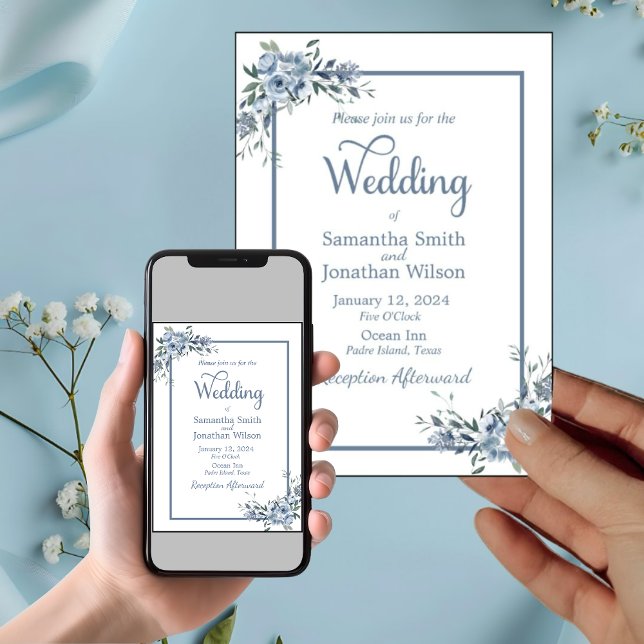 Modern Dusty Blue Floral Wedding  Einladung (Von Creator hochgeladen)