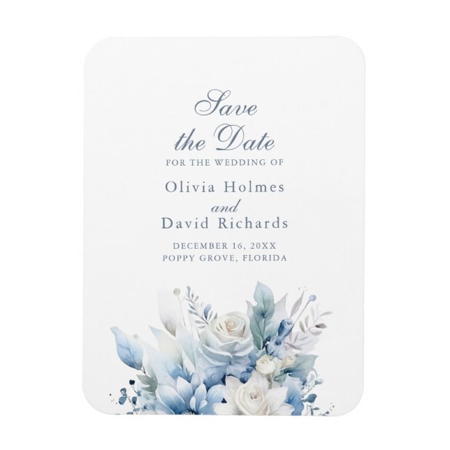 Modern Dusty Blue Flowers Save the Date Card Magnet (Vertikal)