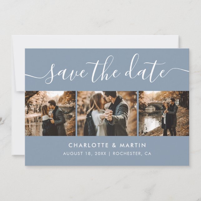 Modern Dusty Blue Foto Collage Save the Date (Vorderseite)