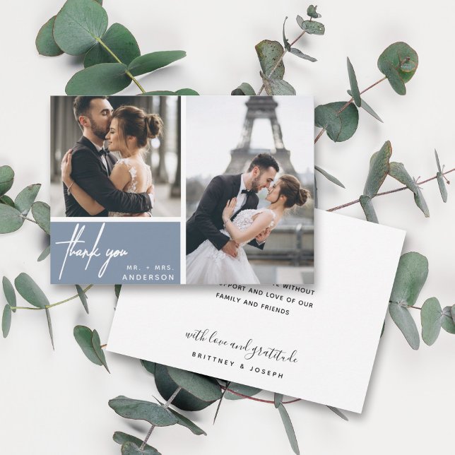 Modern Dusty Blue Foto Collage Wedding Vielen Dank (Two photo hand lettered thank you wedding card with a minimalistic design perfect for any couple.)