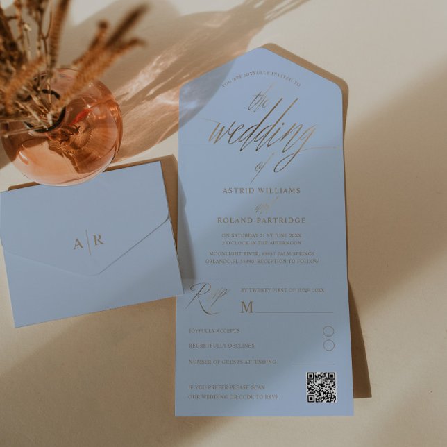 Modern Dusty Blue & Imitats Gold Calligraphy All In One Einladung (Von Creator hochgeladen)