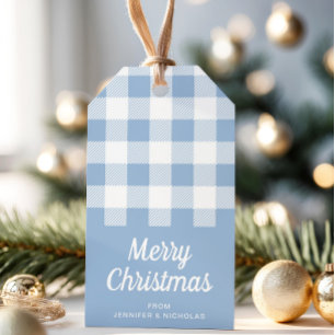 Modern Dusty Blue Kariert Frohe Weihnachten Geschenkanhänger
