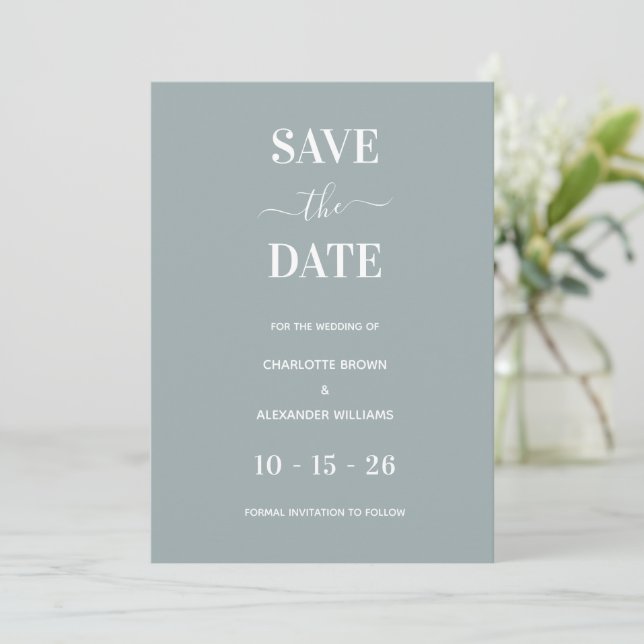 Modern Dusty Blue Minimal Save The Date (Stehend Vorderseite)
