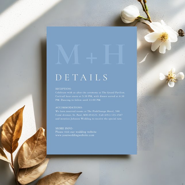 Modern Dusty Blue Monogram Wedding Details Begleitkarte (Von Creator hochgeladen)
