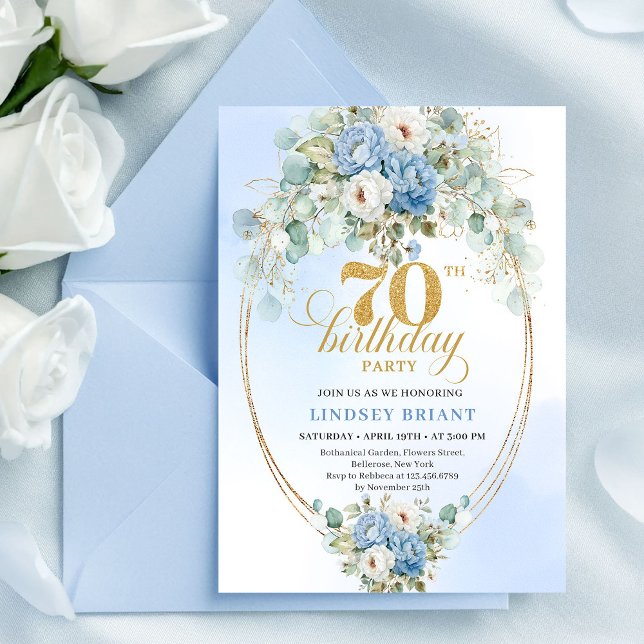 Modern Dusty Blue Peonies 70th Birthday Invitation Einladung (Modern Dusty Blue Peonies 70th Birthday Invitation Set

)