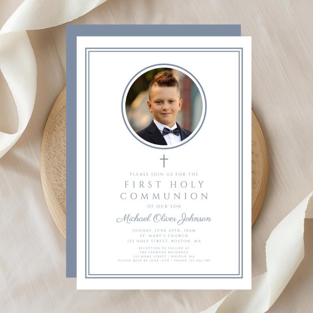 Modern Dusty Blue Photo Boy First Holy Communion Einladung (Modern Dusty Blue Photo Boy First Holy Communion Invitation
)