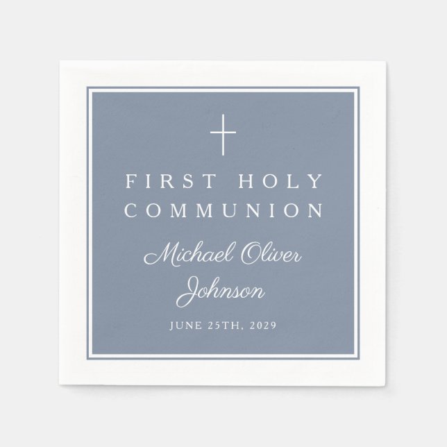 Modern Dusty Blue Religious Boy First Communion Serviette (Vorderseite)