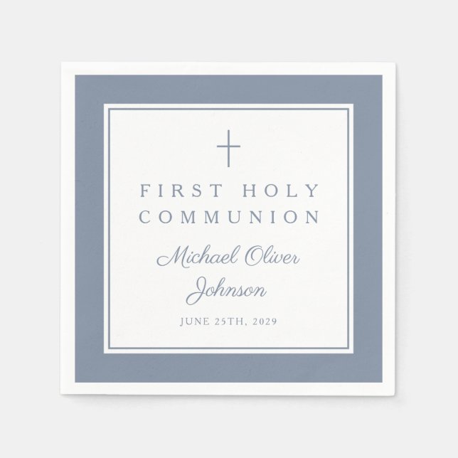 Modern Dusty Blue Religious Boy First Communion Serviette (Vorderseite)
