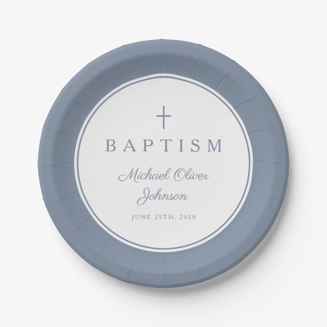 Modern Dusty Blue Religious Cross Baptism Pappteller (Vorderseite)