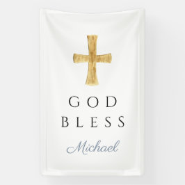 Modern Dusty Blue Religious Cross Boy God Bless Banner