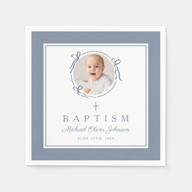 Modern Dusty Blue Religius Cross Boy Baptism Serviette (Vorderseite)
