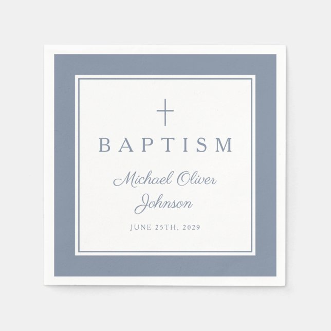 Modern Dusty Blue Religius Cross Boy Baptism Serviette (Vorderseite)